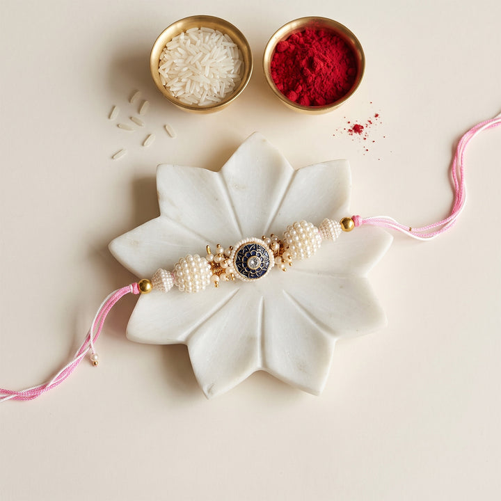 Hand-Knotted Blue Beaded Rakhi With Roli Chawal For Brother
