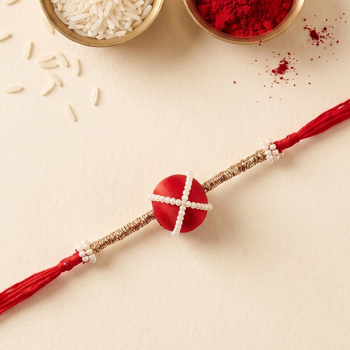 Handmade Silk-Wrapped Bead & Pearl Rakhi For Brother With Roli Chawal