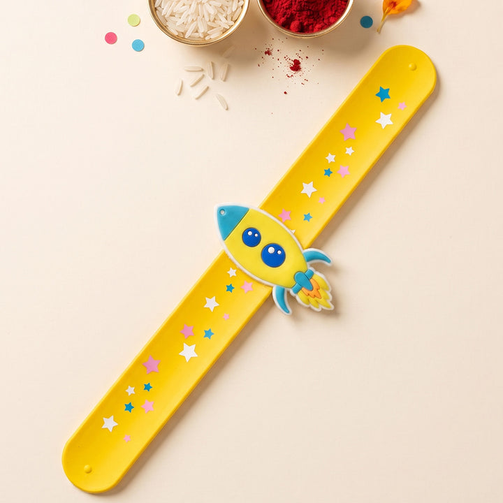 Handmade Rocket Silicone Slap Band Rakhi For Kids With Roli Chawal For Brother