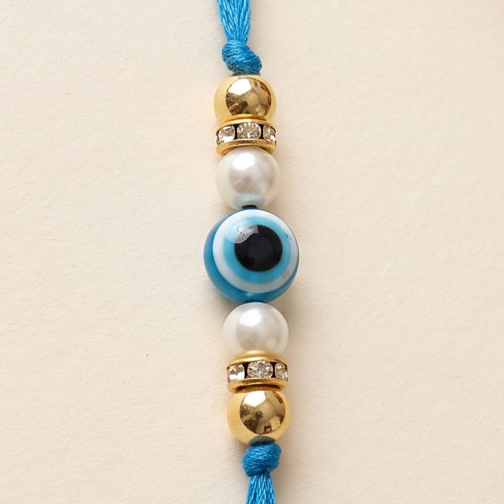 Handmade Evil Eye Blue Premium Agate Rakhi With Roli Chawal, Nariyal And Gift Box For Brother