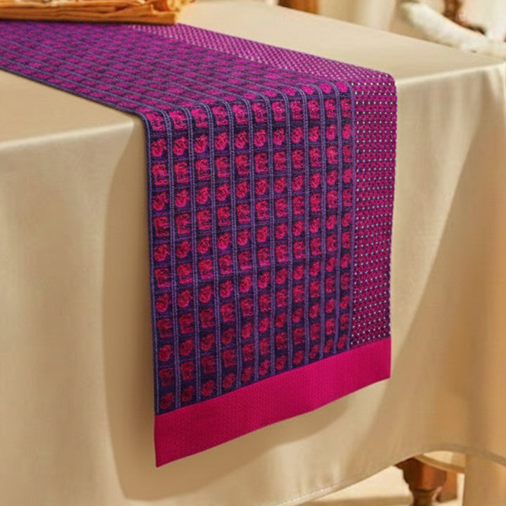 Handmade Purple Elephant & Peacock Design Khunn Fabric Cotton Table Runner | 12 x 60 Inch