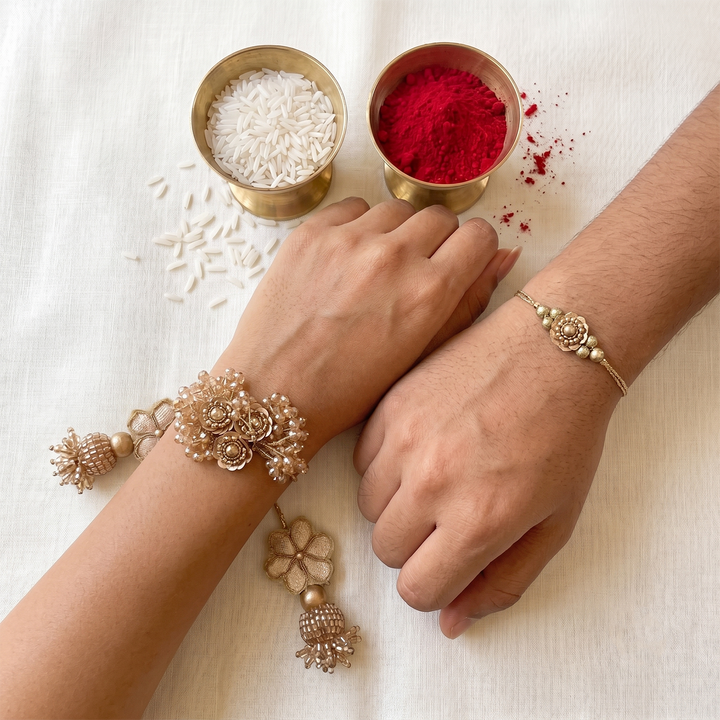 Handmade Golden Latkan Design Couple Rakhi Lumba Set With Roli Chawal For Bhaiya Bhabhi