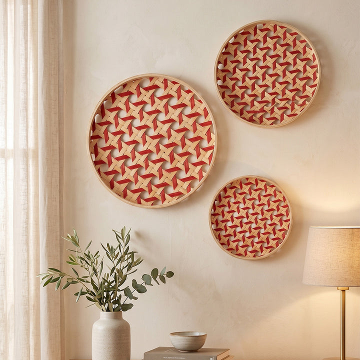 Set of 3 | "Kivo" Handcrafted Woven Bamboo Wall Plate With Lacquered Finish For Festive Decor