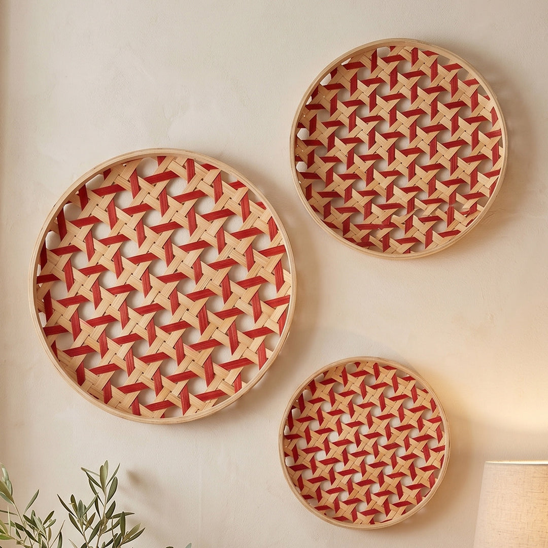 Set of 3 | "Kivo" Handcrafted Woven Bamboo Wall Plate With Lacquered Finish For Festive Decor