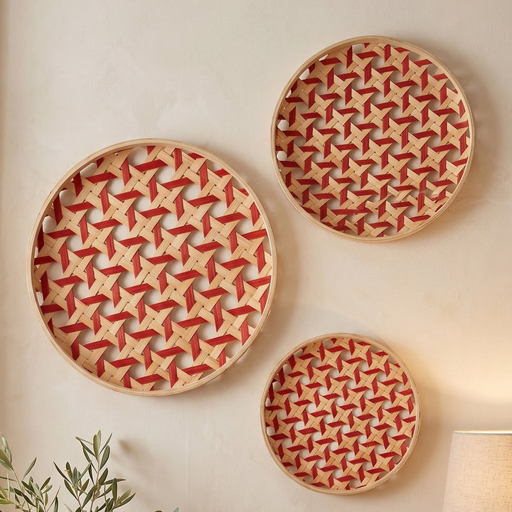 Set of 3 | "Kivo" Handcrafted Woven Bamboo Wall Plate With Lacquered Finish For Festive Decor