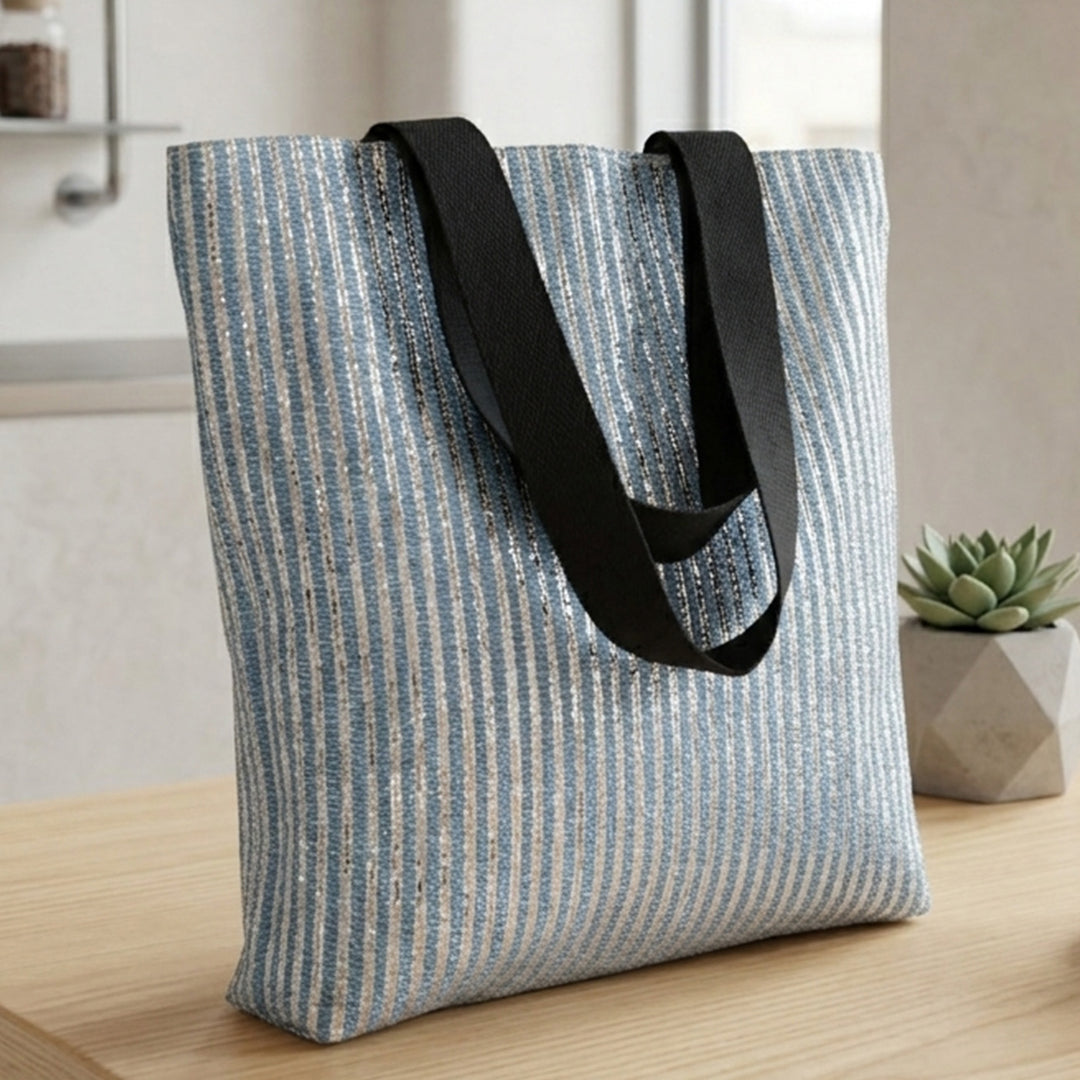 Blue and Silver Striped Upcycled Plastic Handcrafted Classic Tote Bag For Everyday Use