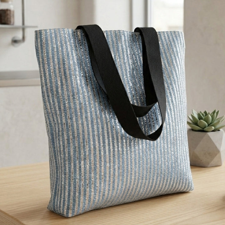 Blue and Silver Striped Upcycled Plastic Handcrafted Classic Tote Bag For Everyday Use