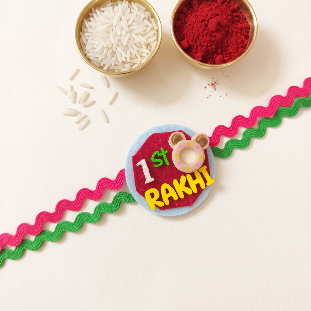 Handmade "1st Rakhi" Teddy Donut Theme Felt Kids Rakhi With Roli Chawal For Baby