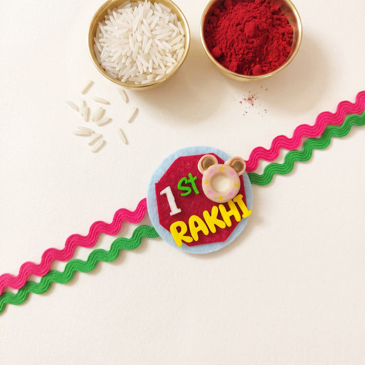 Handmade "1st Rakhi" Teddy Donut Theme Felt Kids Rakhi With Roli Chawal For Baby