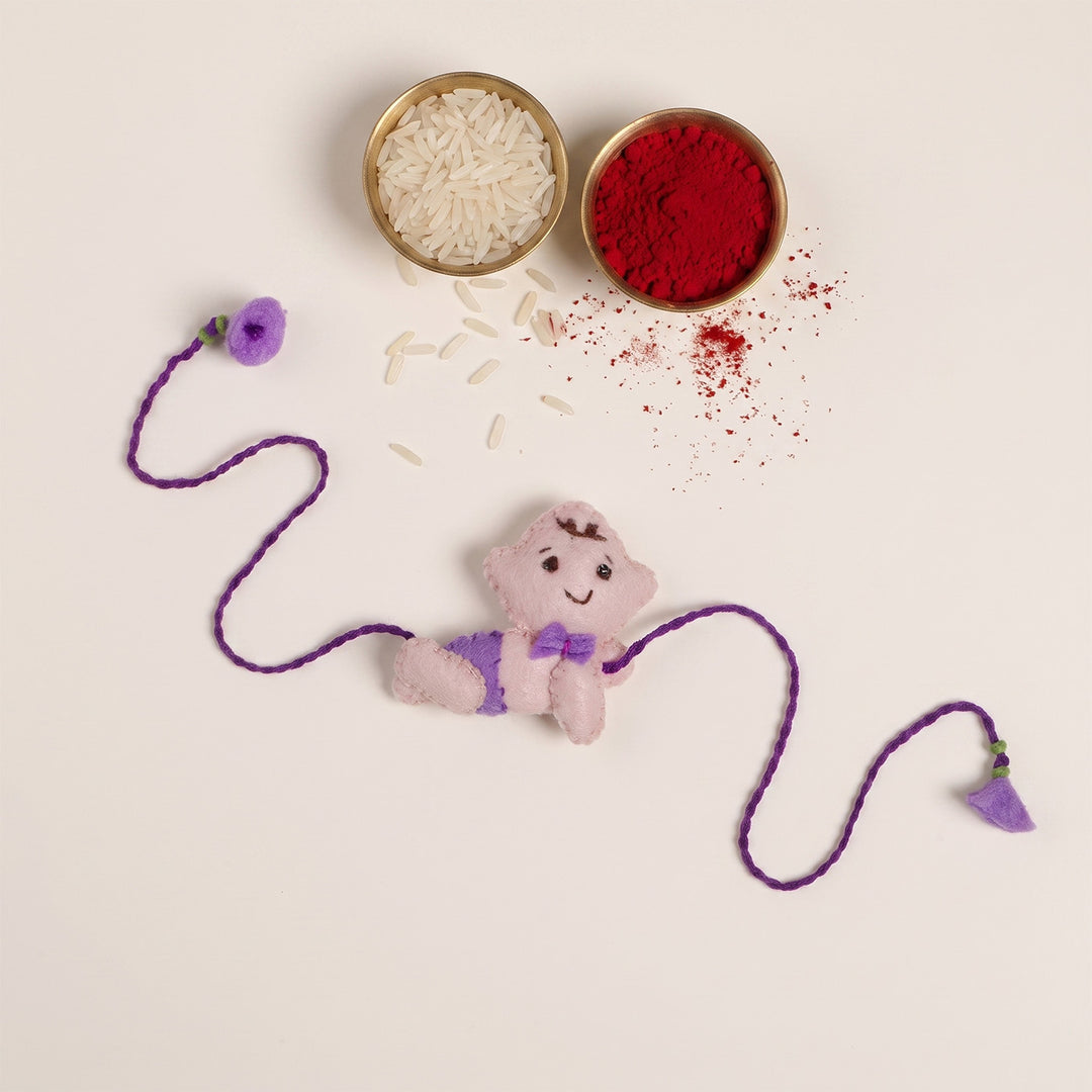 Hand Embroidered Crawling Baby Rakhi With Brooch Pin & Keychain For Baby Brother