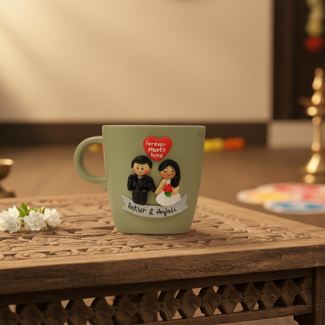Christian Wedding Couple | Handmade Personalized Ceramic Mug With 3D Polymer Clay Caricature Art | 400 ml