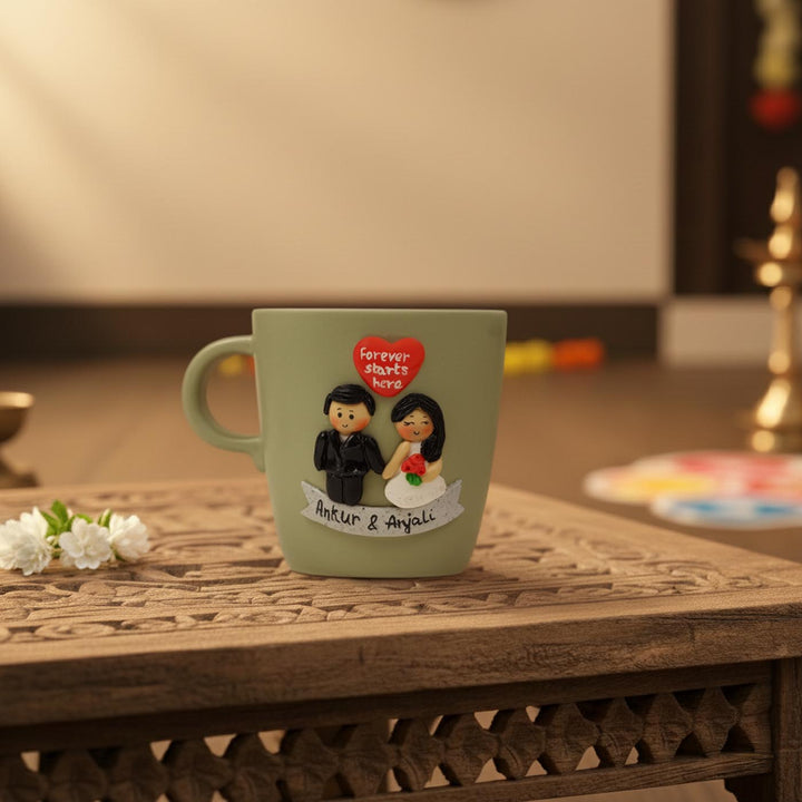 Christian Wedding Couple | Handmade Personalized Ceramic Mug With 3D Polymer Clay Caricature Art | 400 ml