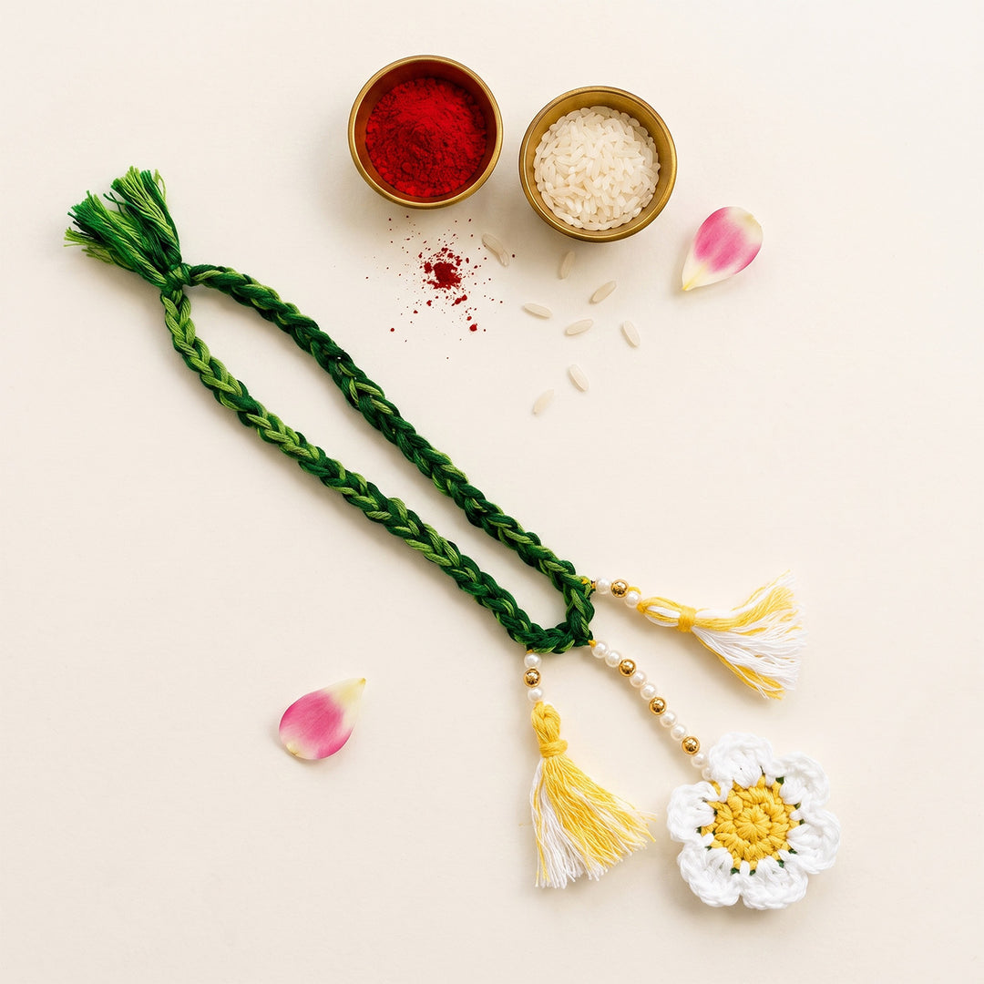 Handmade Crochet Daisy Lumba Rakhi For Bhabhi With Roli Chawal