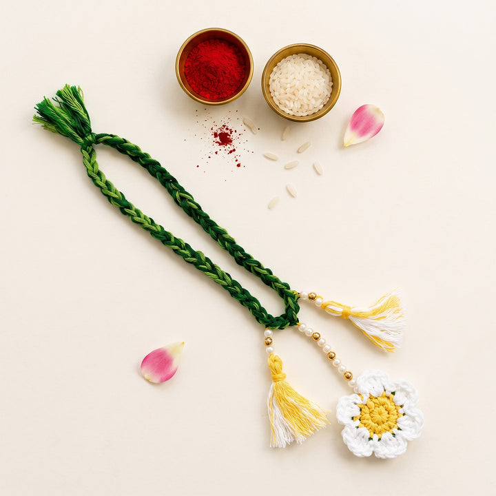 Handmade Crochet Daisy Lumba Rakhi For Bhabhi With Roli Chawal