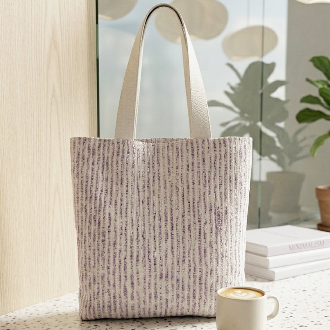 Purple and White Striped Upcycled Plastic Handcrafted Classic Tote Bag For Everyday Use