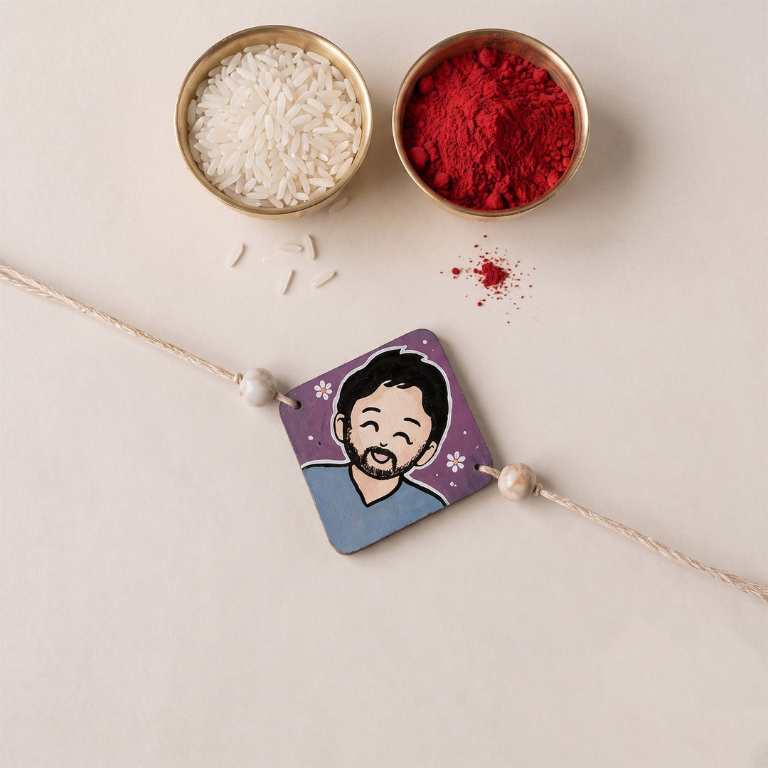 Photo Personalized Handpainted Reusable Caricature Mdf Wood Rakhi With Roli Chawal For Cousin Brother