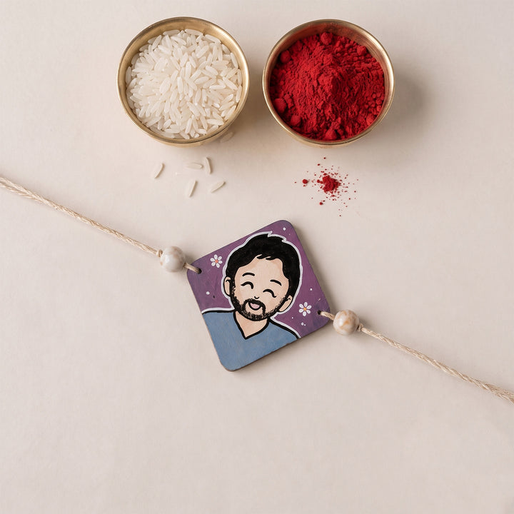 Photo Personalized Handpainted Reusable Caricature Mdf Wood Rakhi With Roli Chawal For Cousin Brother