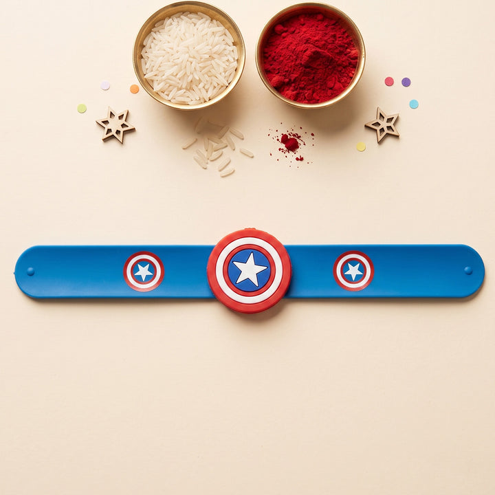Handmade Captain America Silicone Slap Band Rakhi For Kids With Roli Chawal For Brother