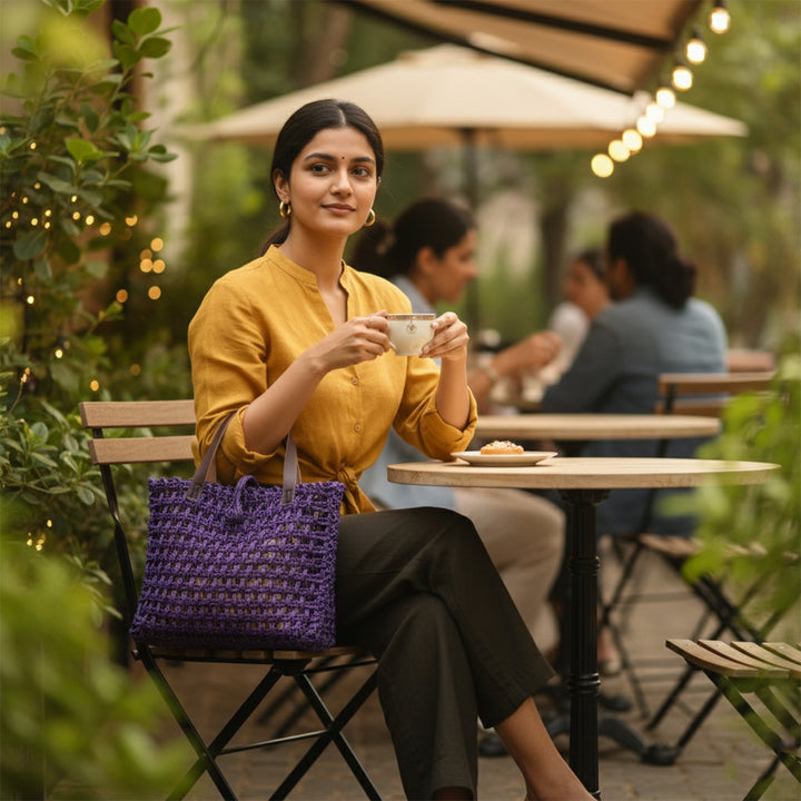 Handmade Grass Woven Leather Strap Box Shaped Lavender Sabai Mesh Tote Bag