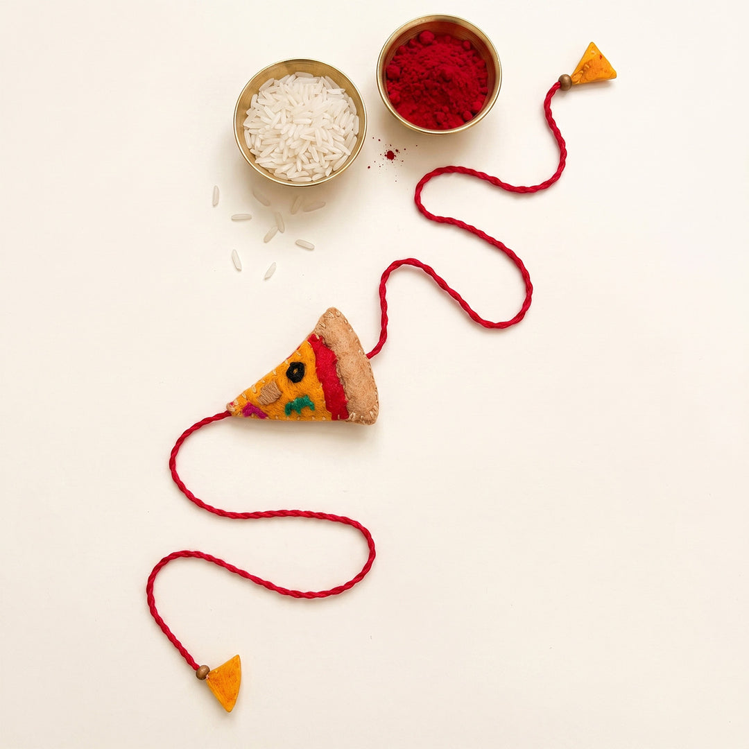 Hand Embroidered Pizza Rakhi With Magnet For Brother