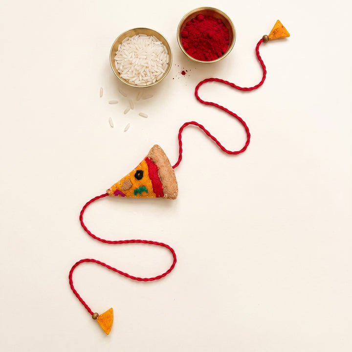 Hand Embroidered Pizza Rakhi With Magnet For Brother