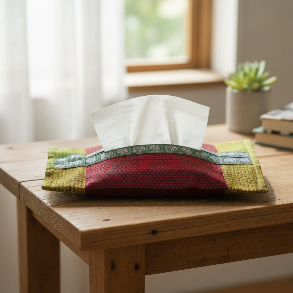 Handmade Red & Gold Rudraksha Design Khunn Fabric Cotton Tissue Box Cover