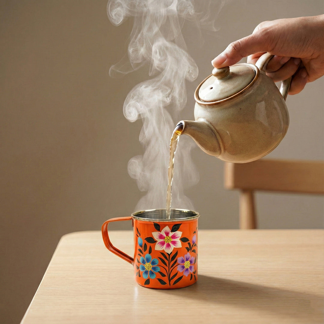 Hand-Painted Orange Floral Kashmiri Art Stainless Steel Mug