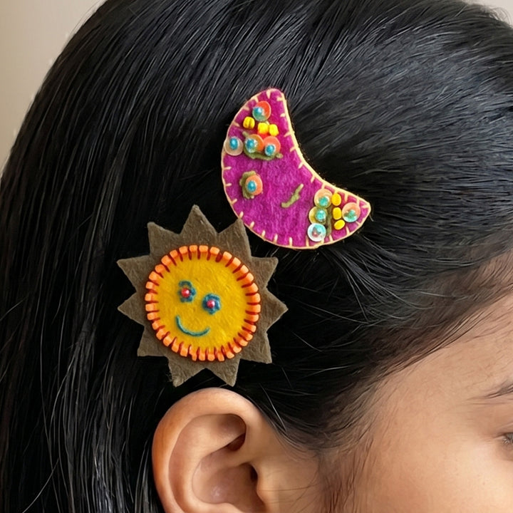 Handmade Yellow & Rani Pink Sun Moon Hair Clips | Set of 2