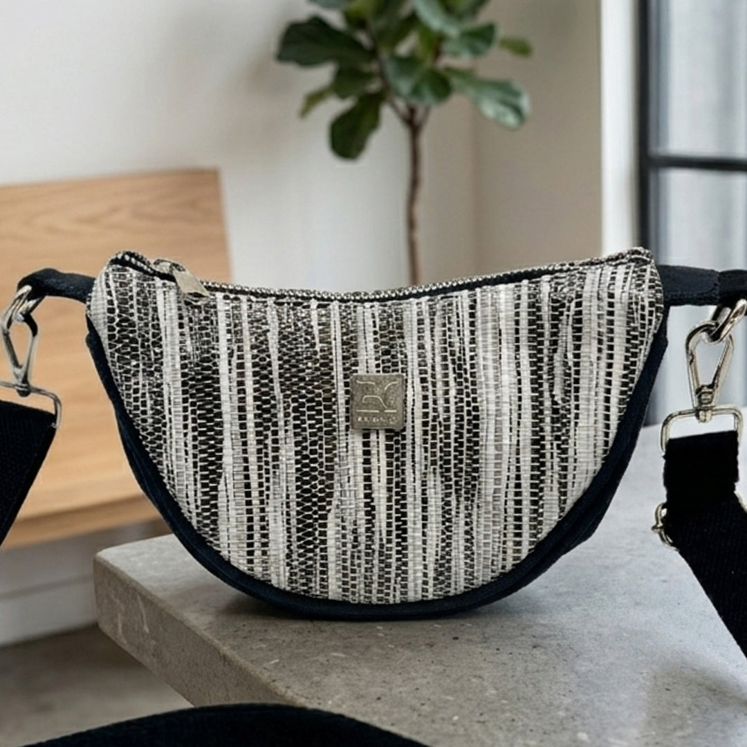 Abstract White and Black Striped Upcycled Plastic Handcrafted Mini Curve Sling Bag