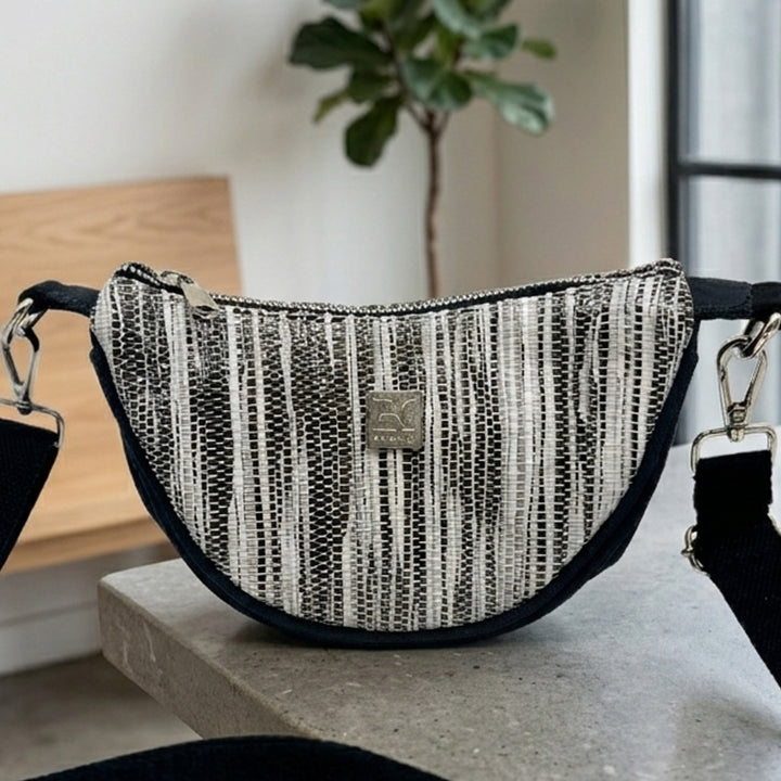 Abstract White and Black Striped Upcycled Plastic Handcrafted Mini Curve Sling Bag