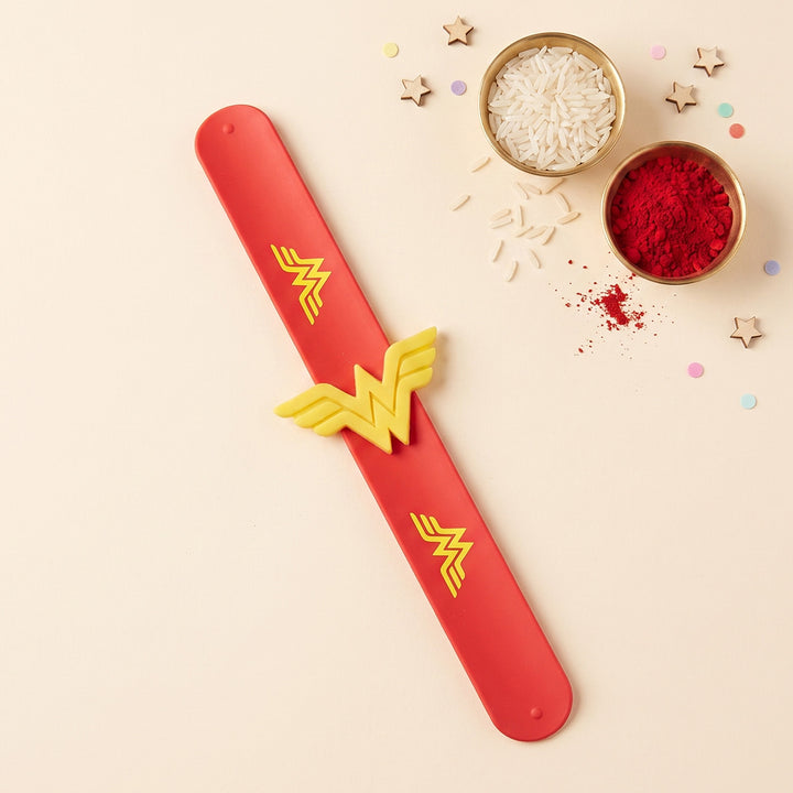 Handmade Wonder Woman Silicone Slap Band Rakhi For Kids With Roli Chawal For Brother