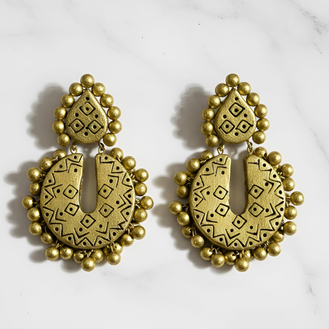 Handmade Rustic Gold Chandbali Terracotta Earrings