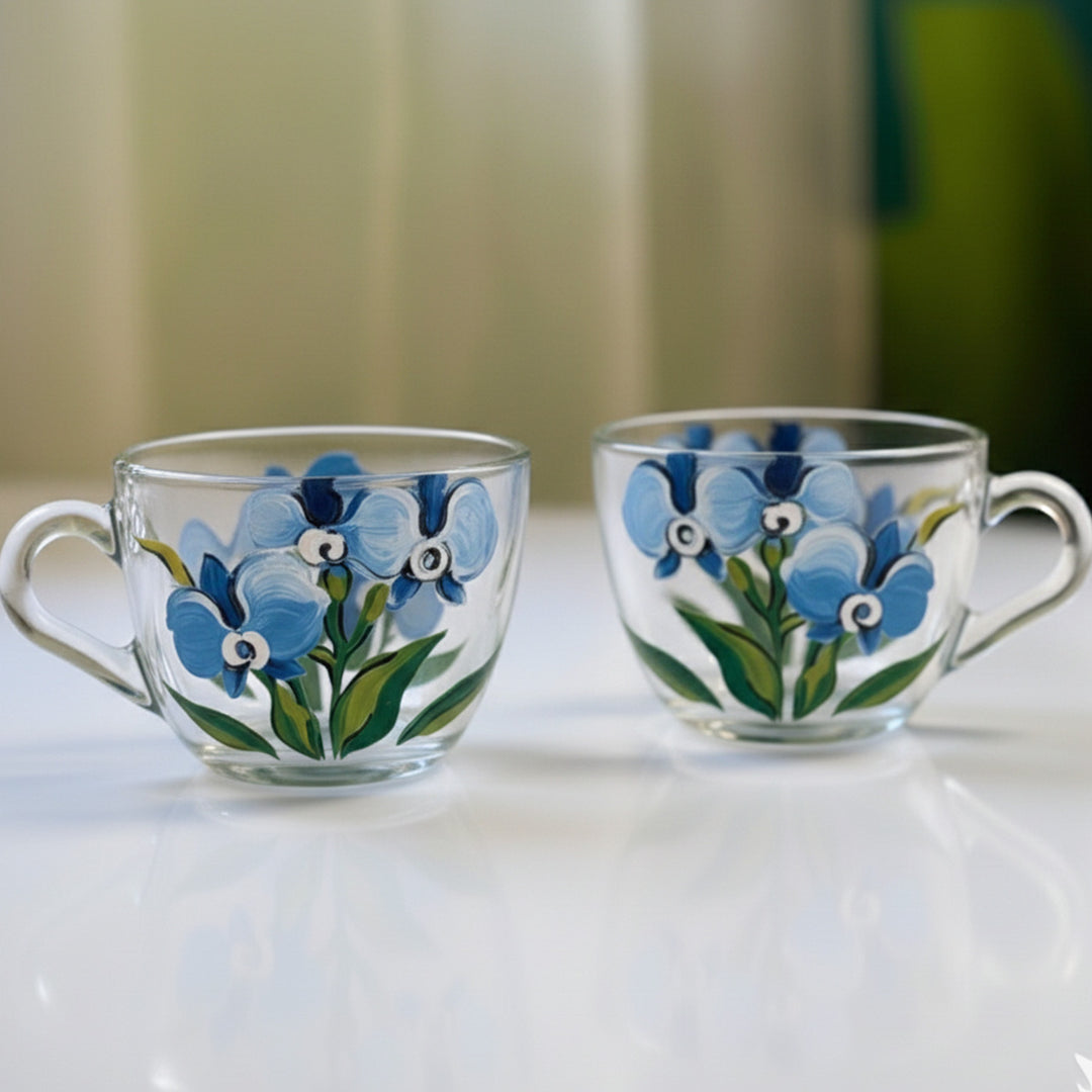 Hand-Painted Blue Orchids Glass Tea Cups