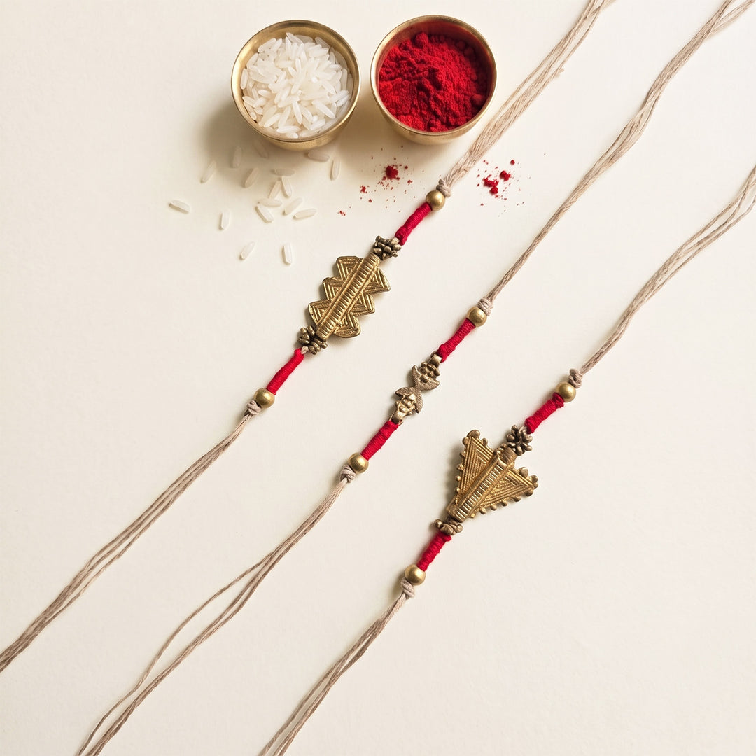 Handcrafted Patwa Work Brass Motif Rakhi With Roli Chawal For Brother | Set of 3