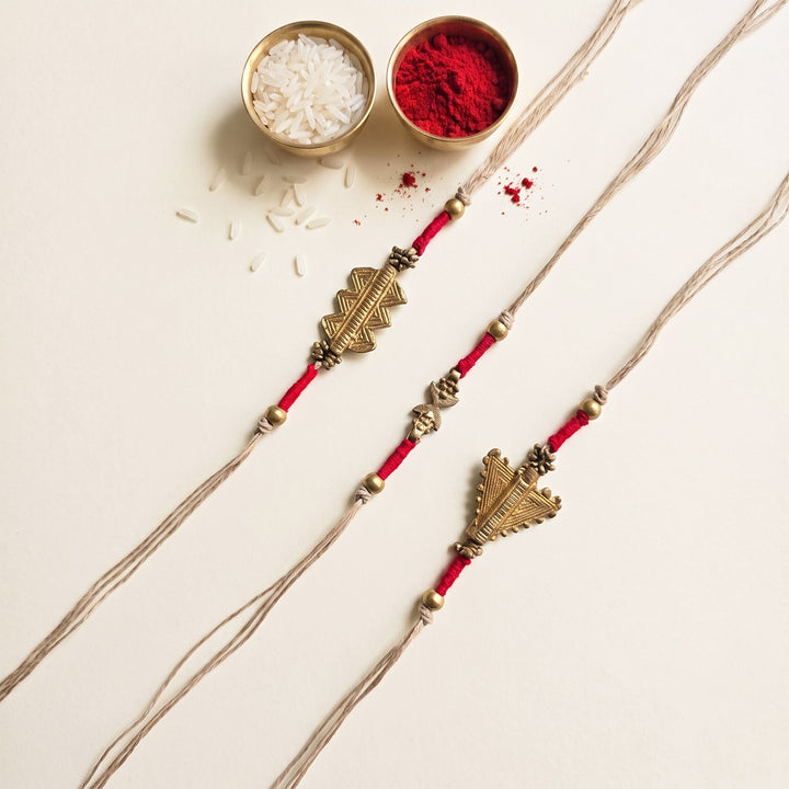 Handcrafted Patwa Work Brass Motif Rakhi With Roli Chawal For Brother | Set of 3
