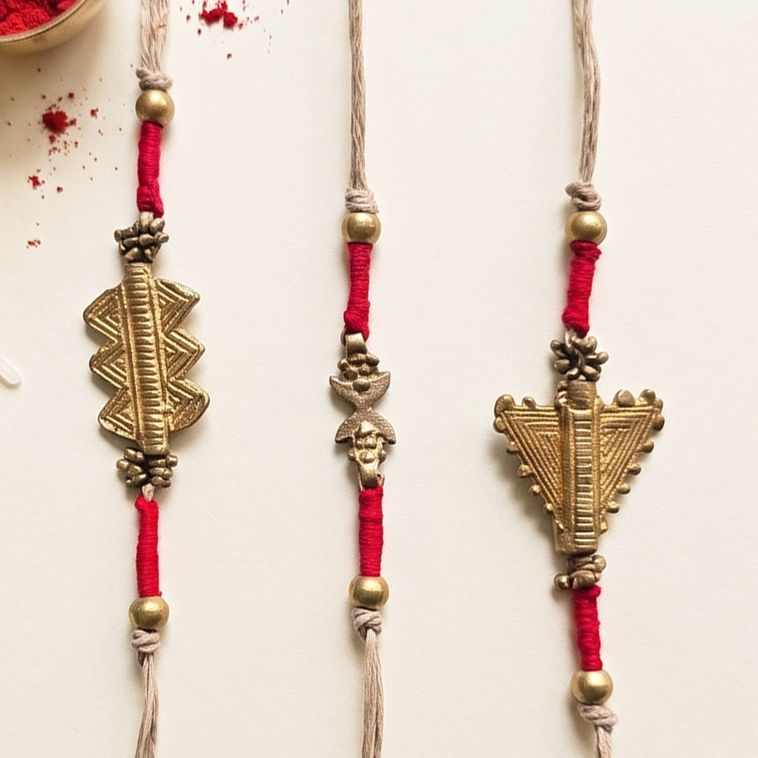 Handcrafted Patwa Work Brass Motif Rakhi With Roli Chawal For Brother | Set of 3