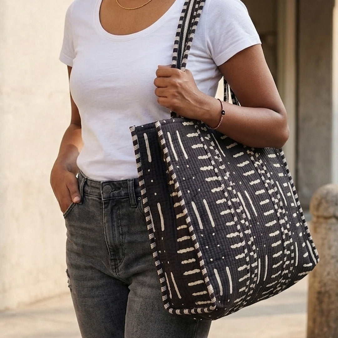 Handmade Black Yin Yang Cotton Tote Bag