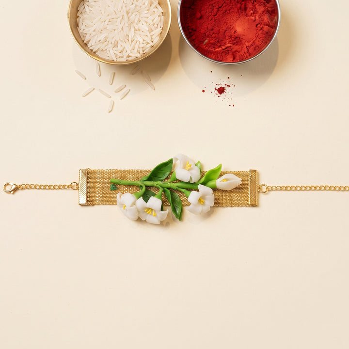 Polymer Clay Floral Bracelet Lumba Rakhi With Roli Chawal For Sister/Bhabhi
