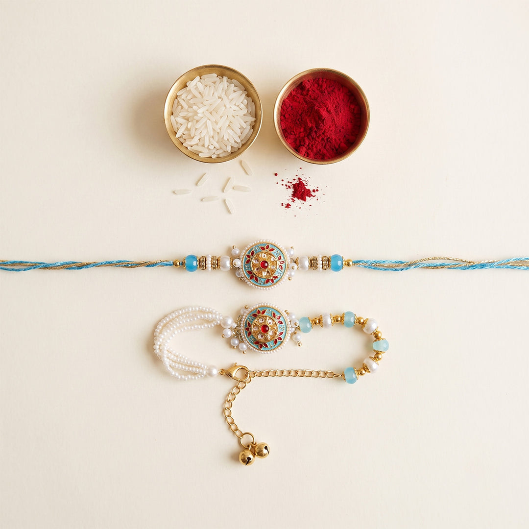 Blue Meenakari Bhaiya Bhabhi Couple Rakhi Set With Roli Chawal | Set of 2