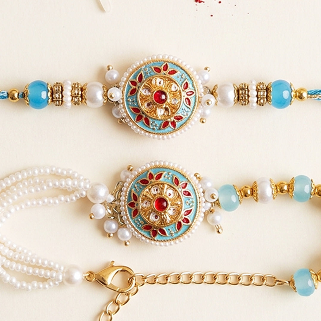 Blue Meenakari Bhaiya Bhabhi Couple Rakhi Set With Roli Chawal | Set of 2