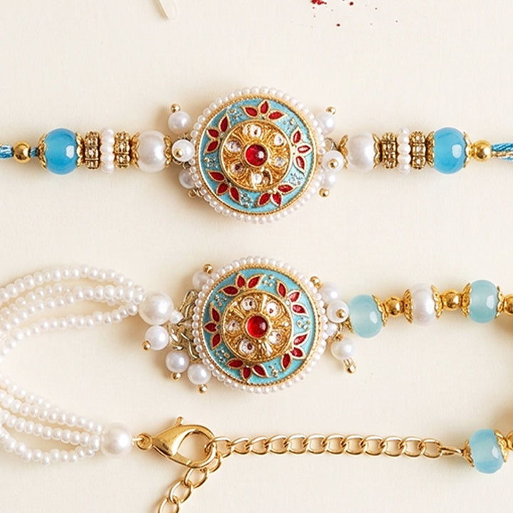 Blue Meenakari Bhaiya Bhabhi Couple Rakhi Set With Roli Chawal | Set of 2
