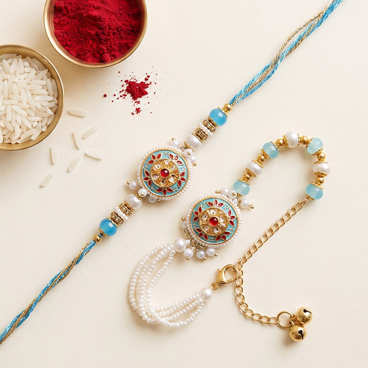 Blue Meenakari Bhaiya Bhabhi Couple Rakhi Set With Roli Chawal | Set of 2