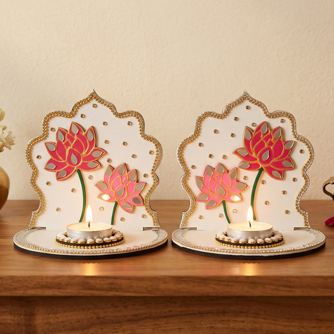 Set of 2 | Handcrafted Lotus Motif MDF Jharokha Tealight Holders For Festive Decor