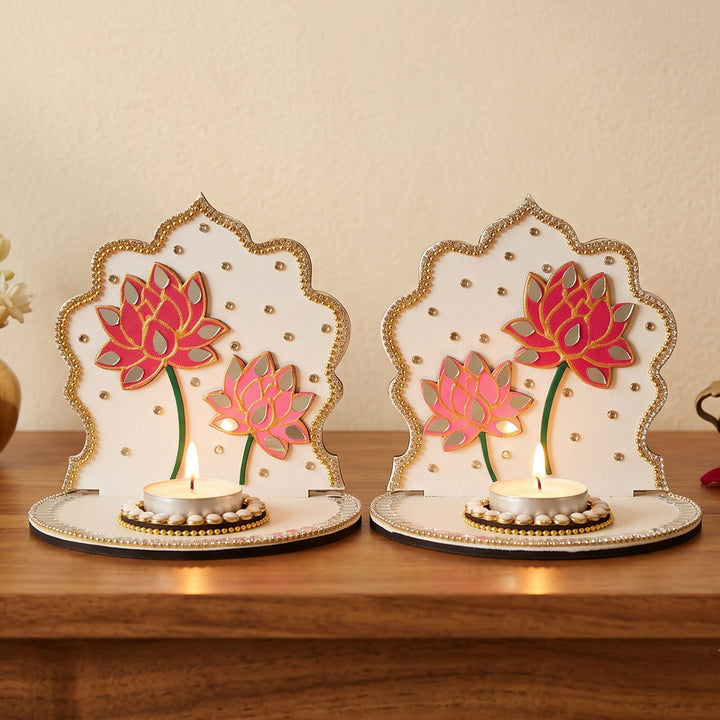Set of 2 | Handcrafted Lotus Motif MDF Jharokha Tealight Holders For Festive Decor