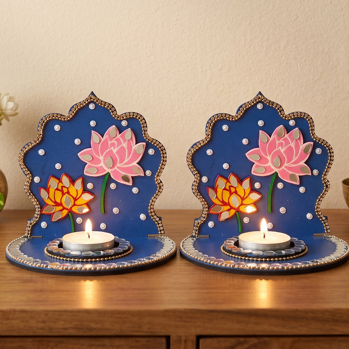 Set of 2 | Handcrafted Lotus Motif MDF Jharokha Tealight Holders For Festive Decor
