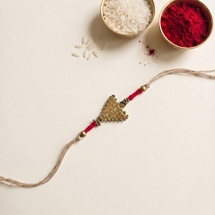 Handcrafted Patwa Work Brass Motif Rakhi With Roli Chawal For Brother