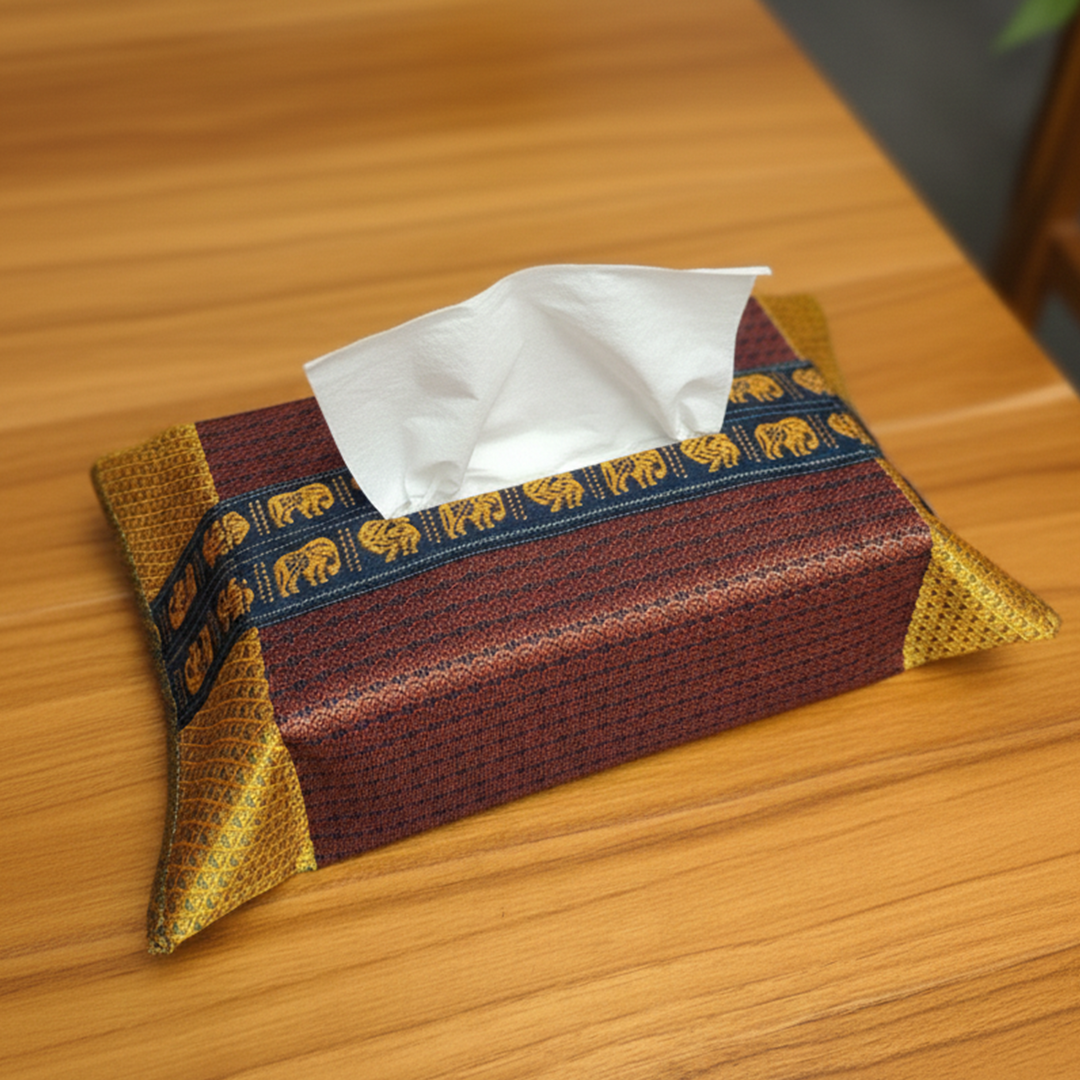 Handmade Red Elephant & Peacock Motif Khunn Fabric Cotton Tissue Box Cover