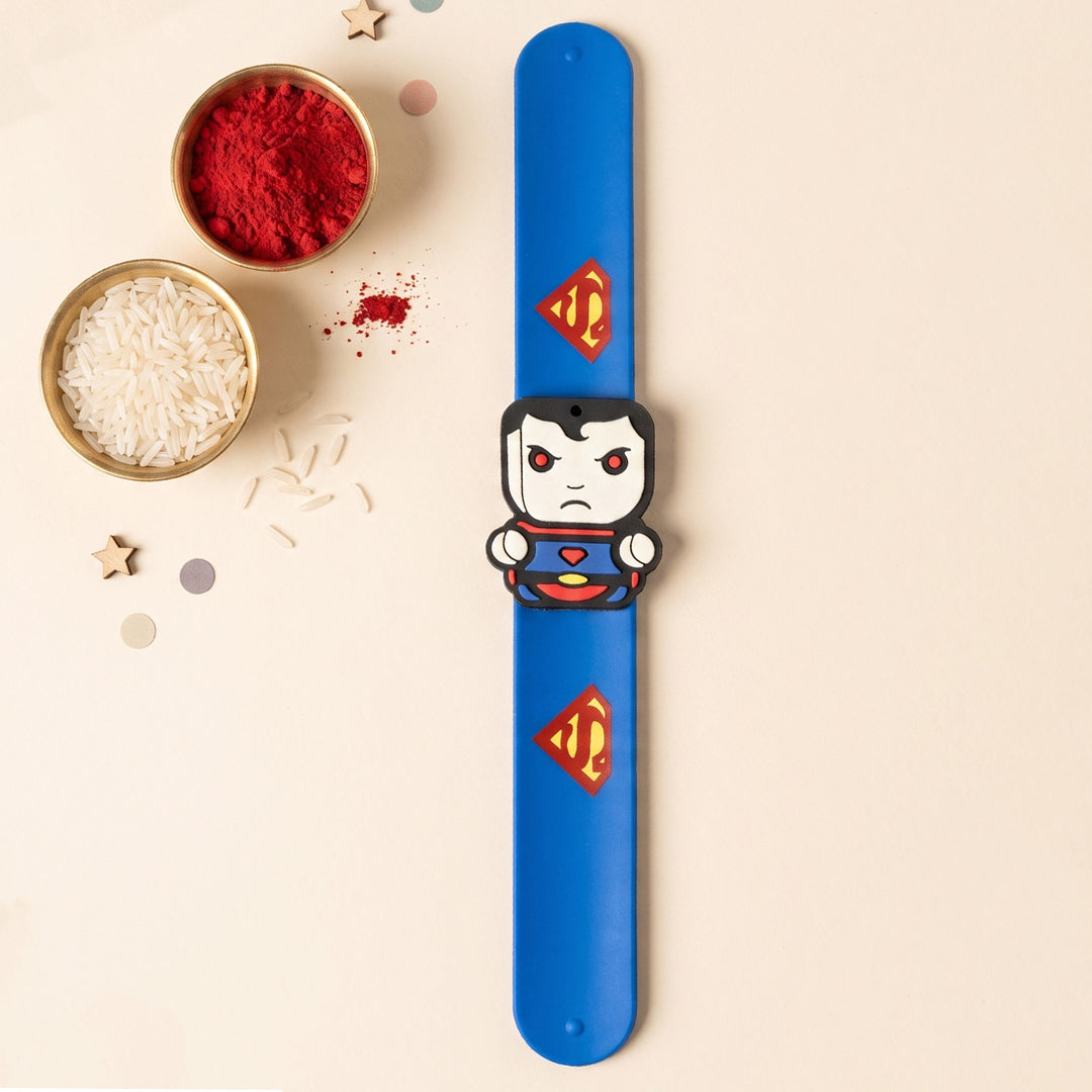 Handmade Superman Face Silicone Slap Band Rakhi For Kids With Roli Chawal For Brother
