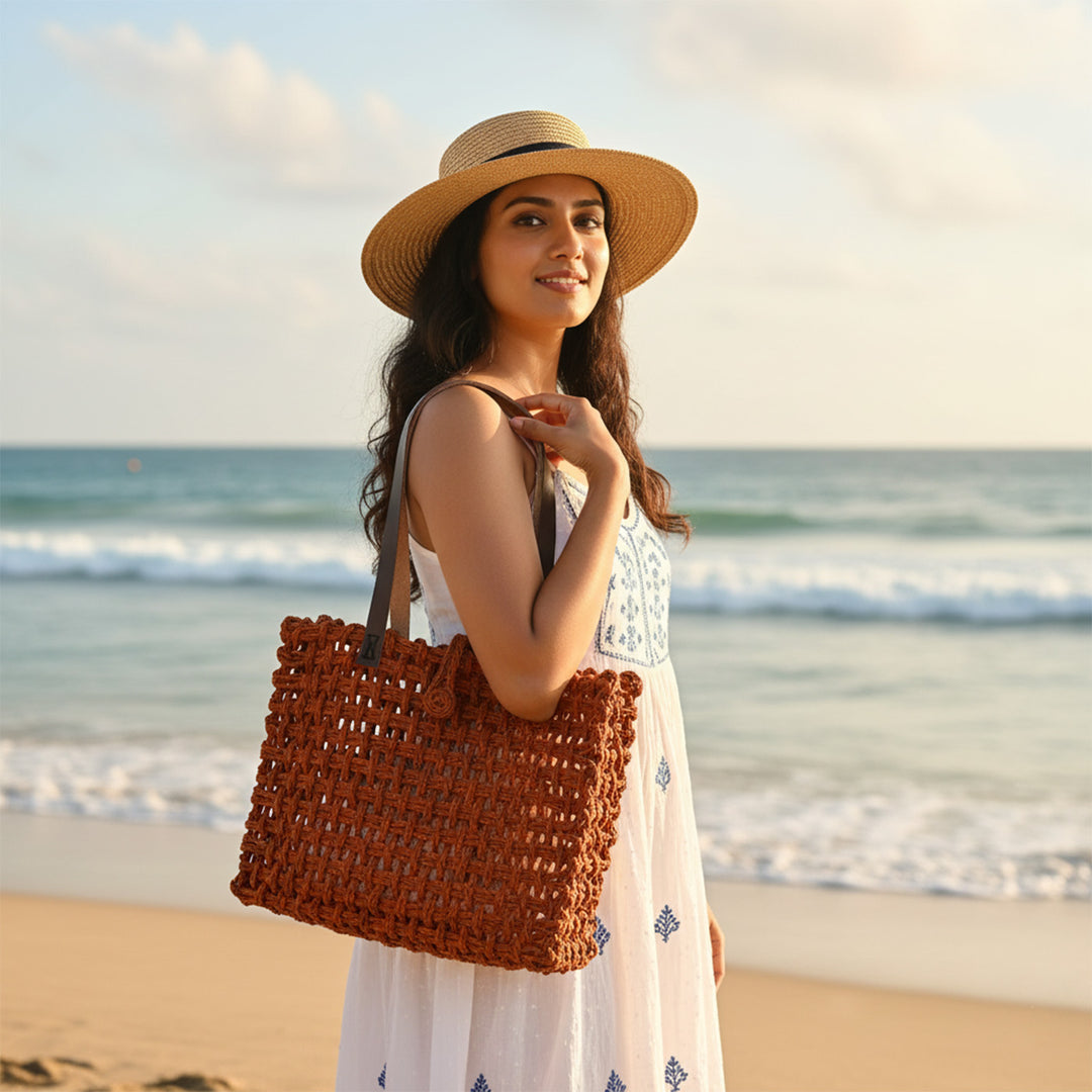 Handmade Grass Woven Leather Strap Box Shaped Orange Sabai Mesh Tote Bag