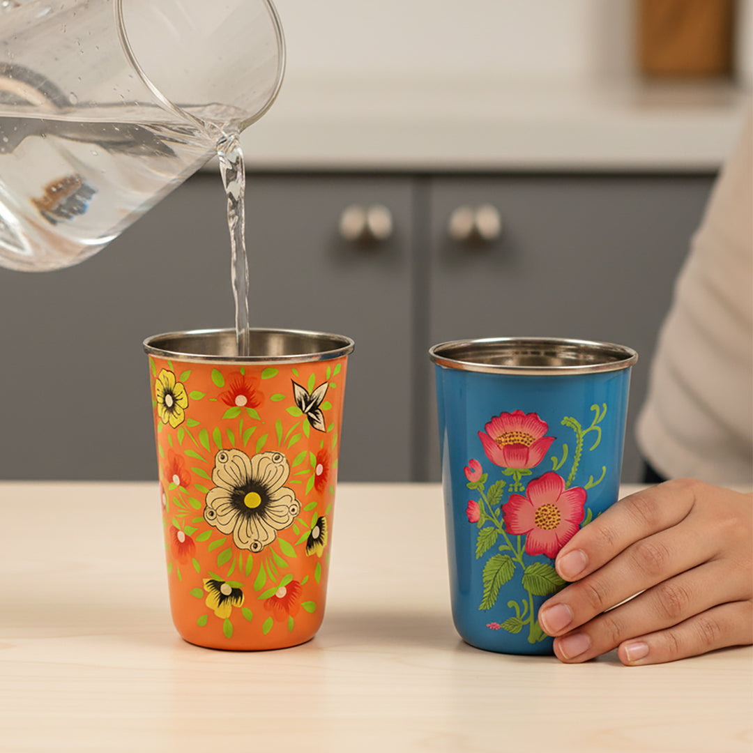2Pc | Hand-Painted Orange & Blue Floral Kashmiri Art Stainless Steel Large Glasses